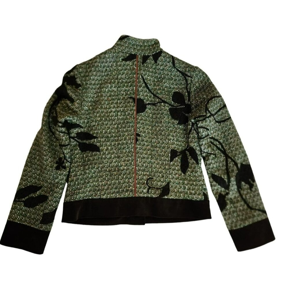 Otti Zen High Neck Button Front Faux Pockets Tweed Jacket Green/Black Small - Picture 3 of 12